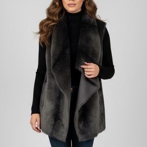 Kenneth Cole The Remy Vest Faux Fur Suede Drape Front‎ Zip Pockets Grey XS